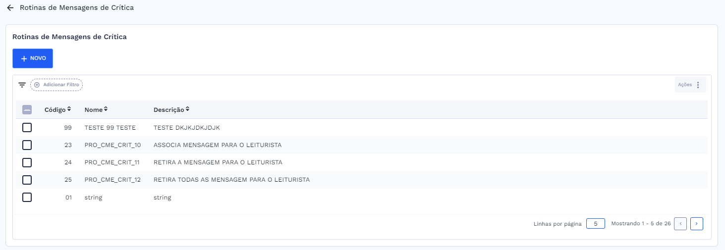 Lista de Agrupamento de Mensagens cadastrados