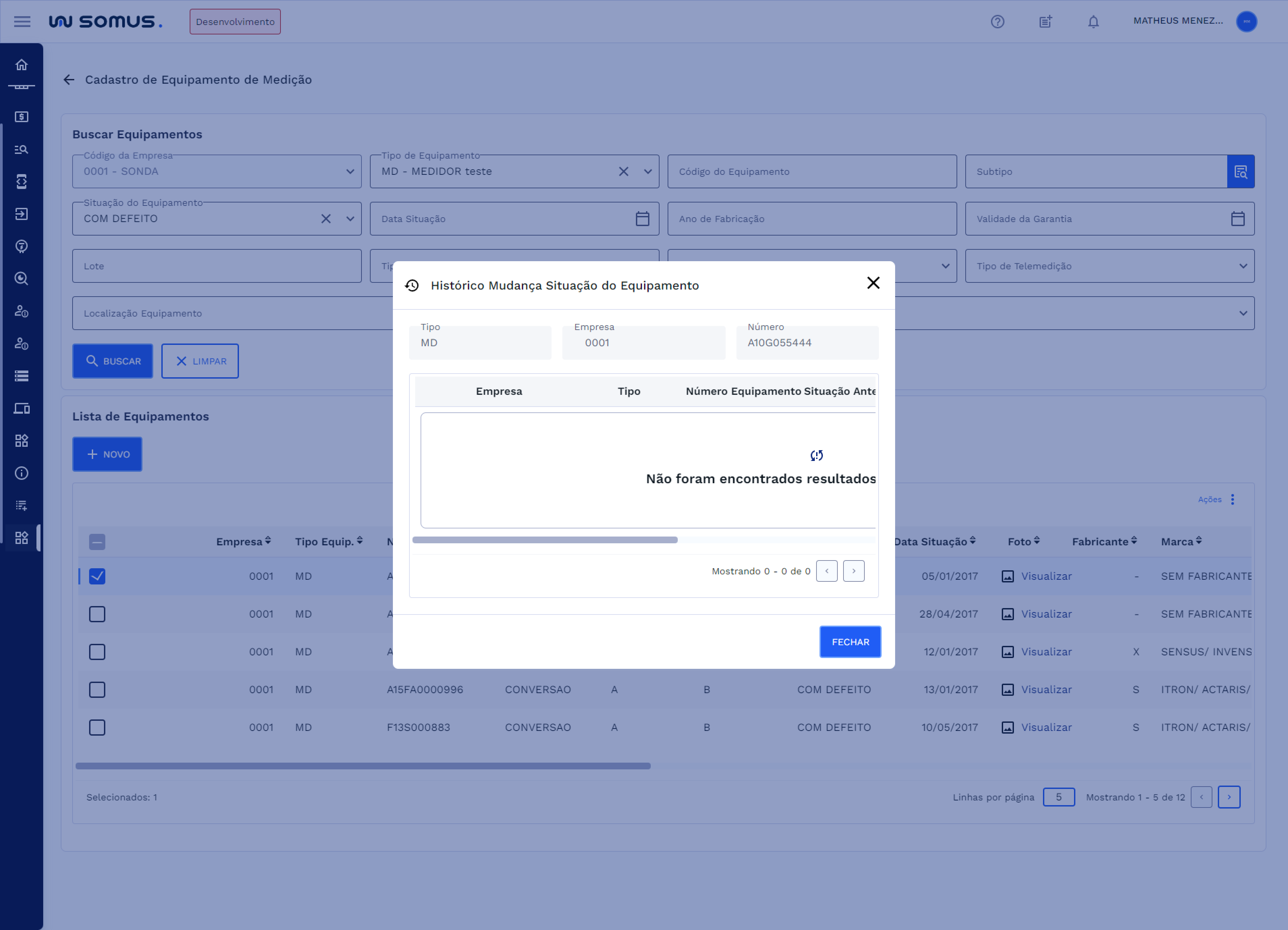 Janela Histórico Situação de Equipamento