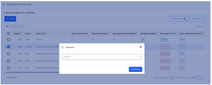 Modal para exportação