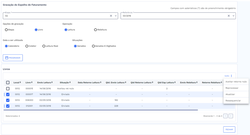 Tabela selecionada e lista de ações