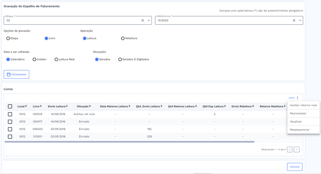 Tabela e lista de ações