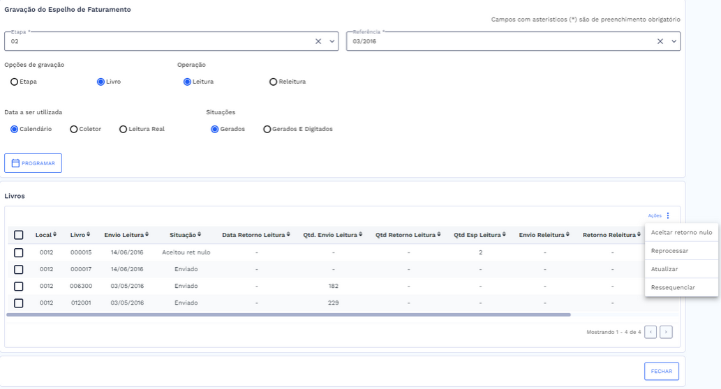 Tabela e lista de ações