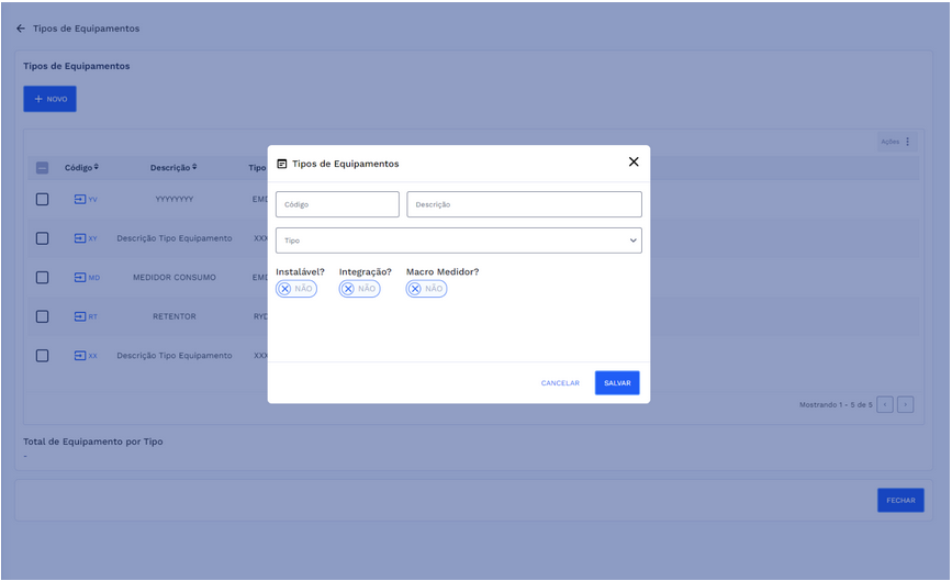 Cadastro Tipos de Equipamentos