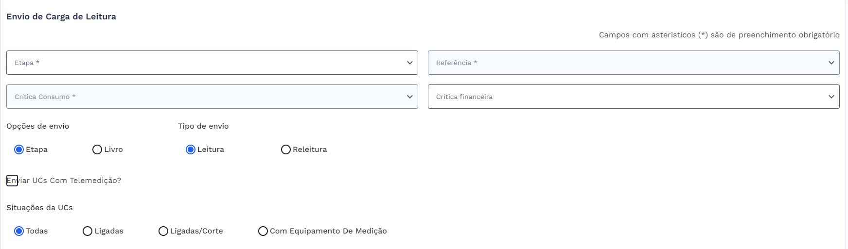 Estrutura com os campos de preenchimento, filtros e checkbox