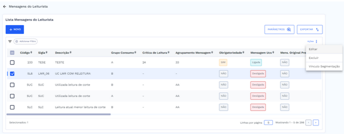 Mensagem do leiturista selecionada e botão de ações