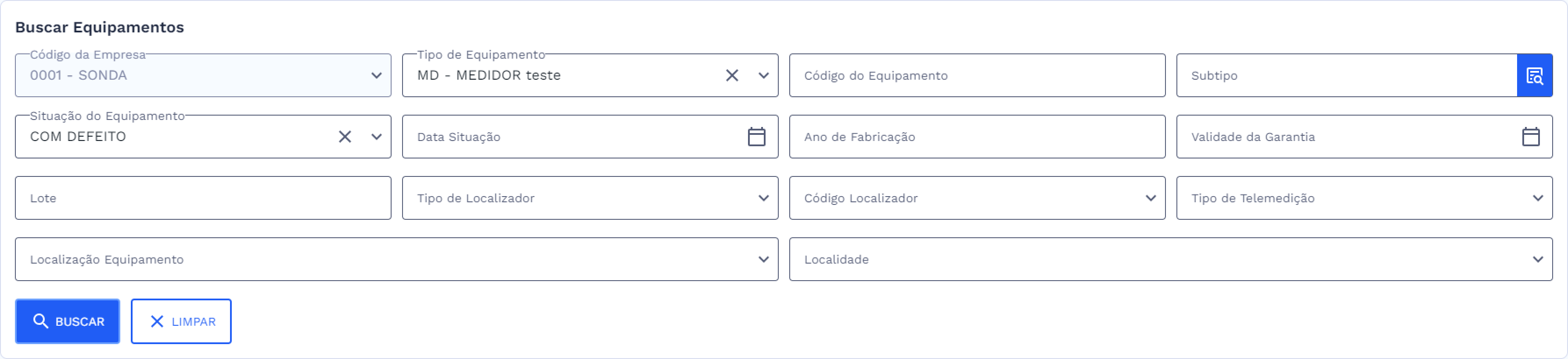 Seção Buscar Equipamentos com dados preenchidos