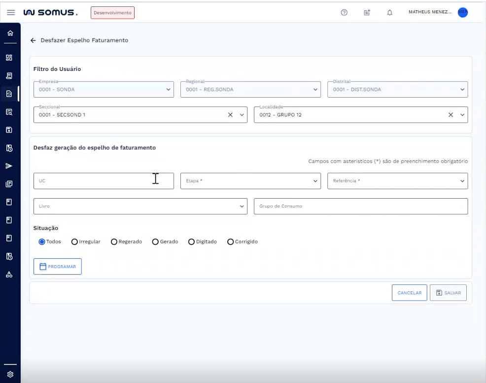 Estrutura com os campos de preenchimento e filtro de Situações