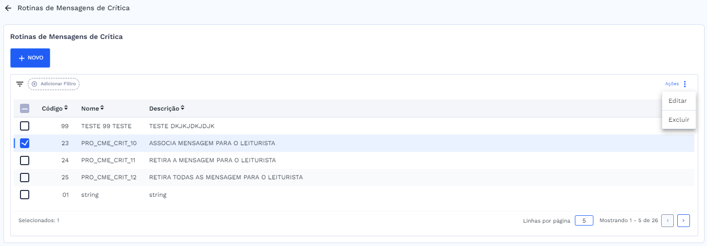 Rotina de mensagem selecionada e botão de ações