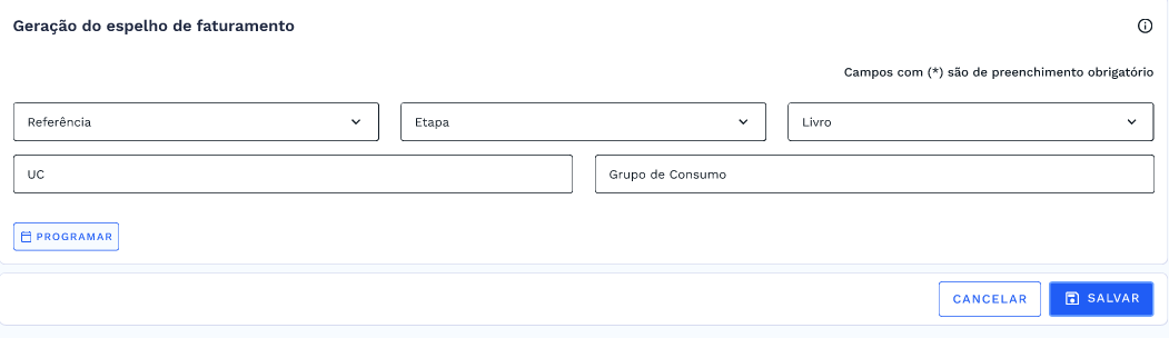 Estrutura dos campos com o botão Programar
