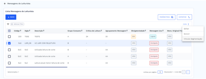 Mensagem selecionada e botão de ações