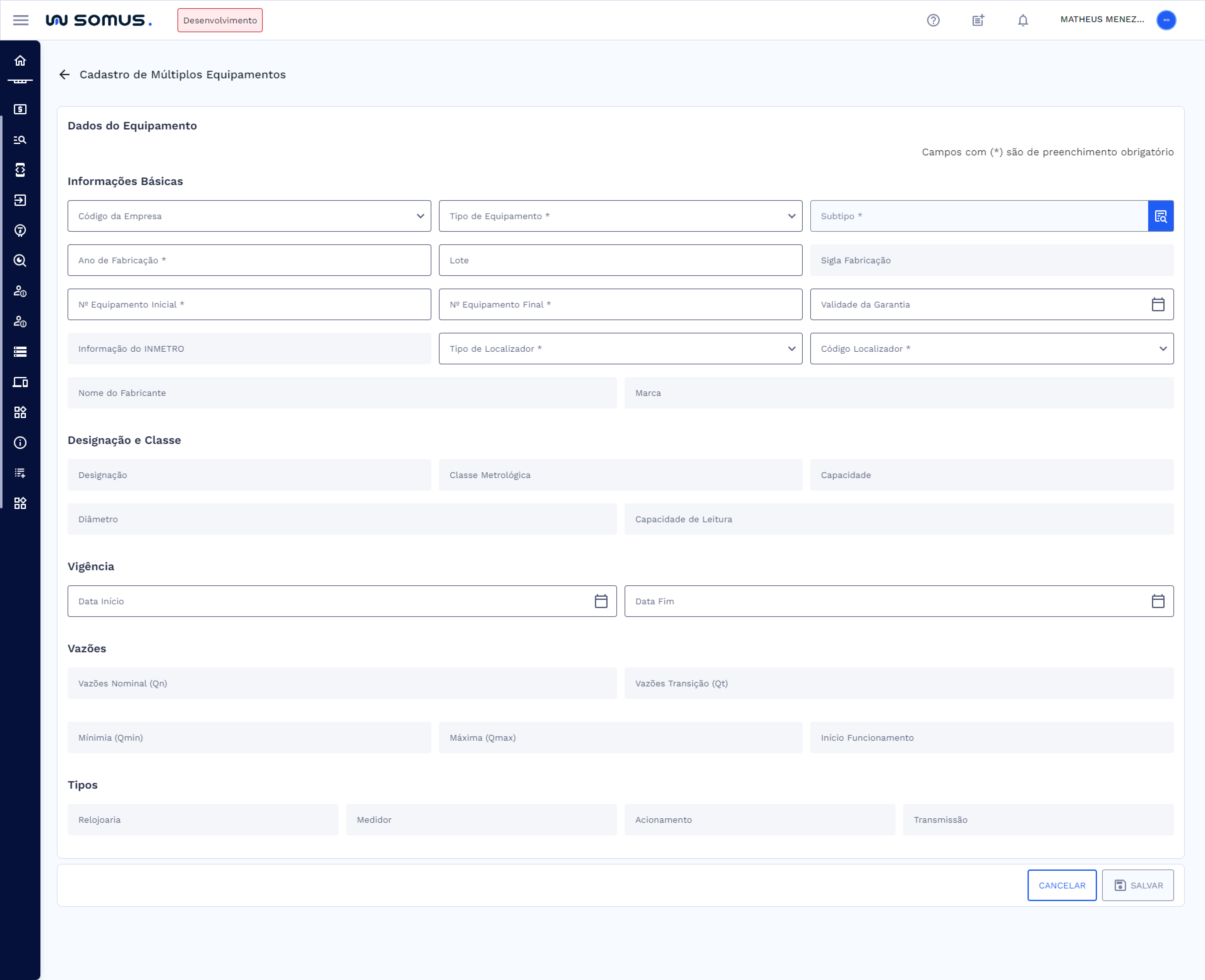 Tela - Cadastro Equipamento de Medição