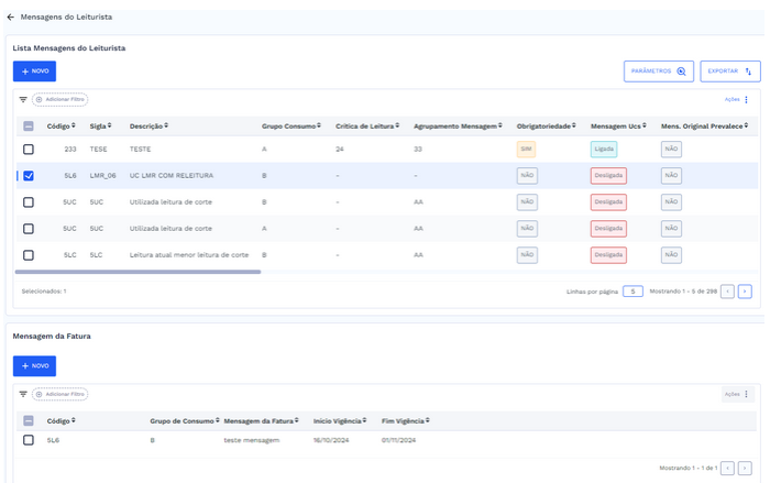 Lista de Mensagem da Fatura preenchida