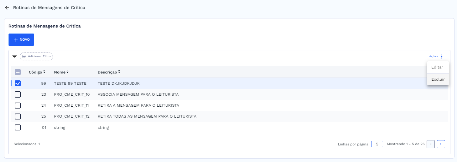 Rotina de mensagem selecionada e botão de ações