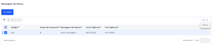 Mensagem selecionada e botão de ações