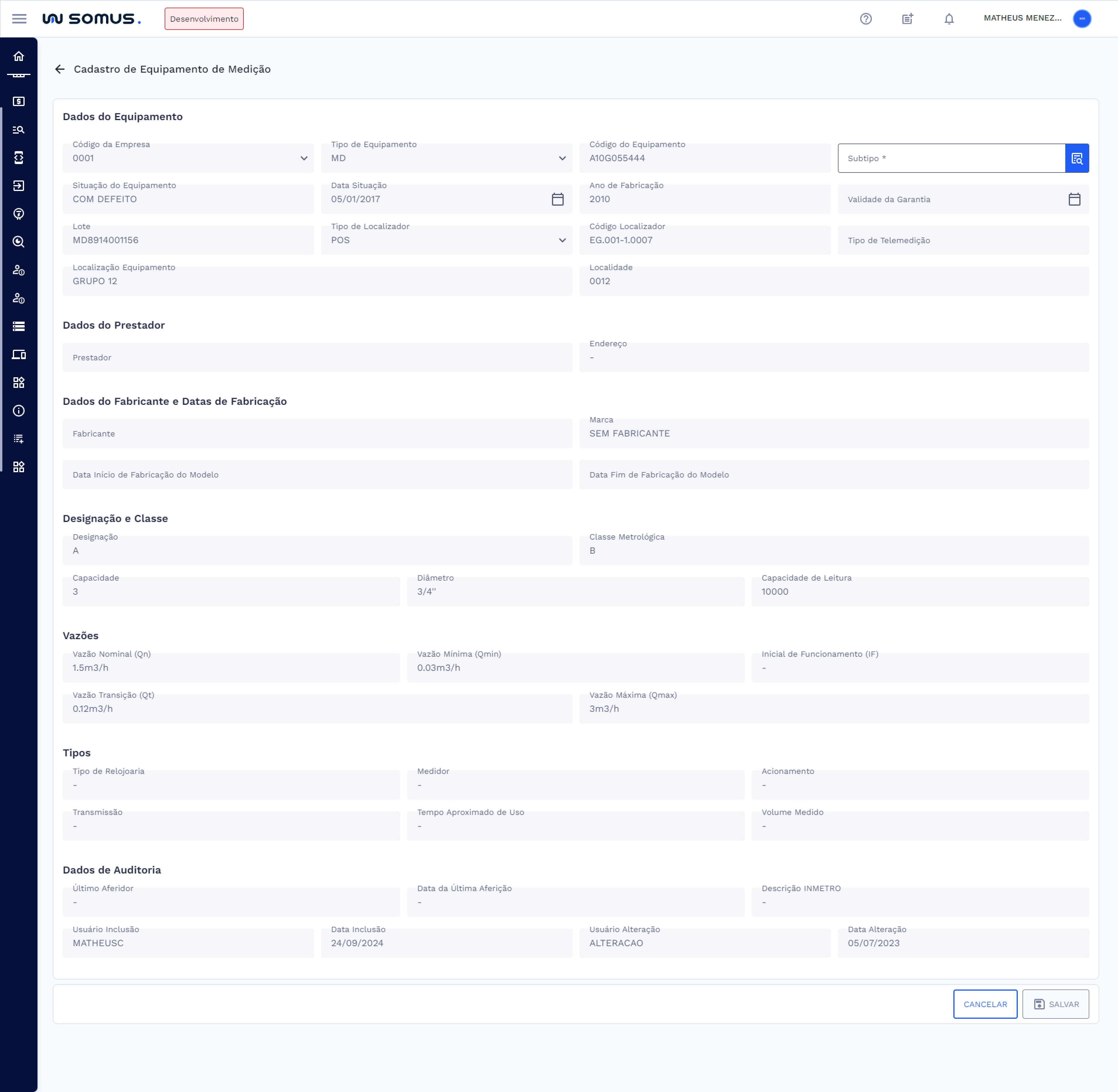 Dados do Equipamento em modo consulta