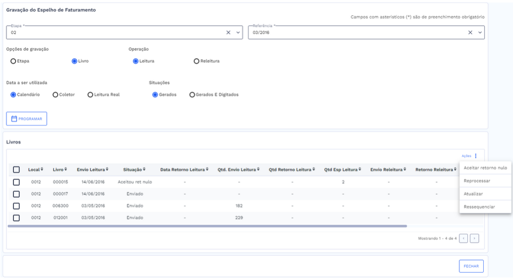 Tabela e lista de ações