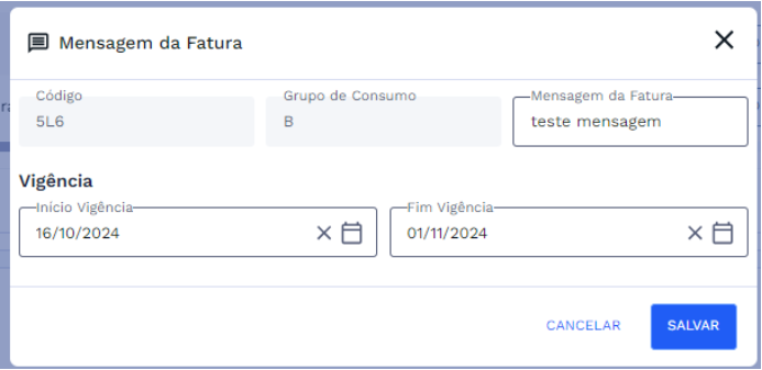 Janela de Mensagem de Fatura para edição